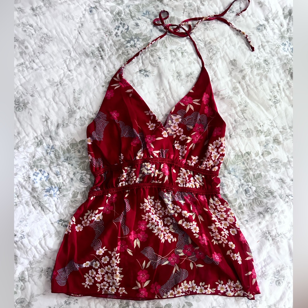 Y2K Red floral halter top